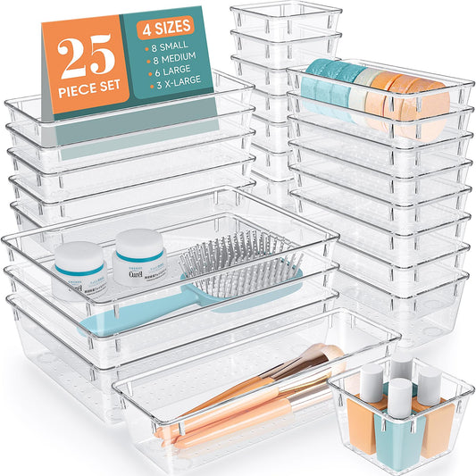 25 PCS Clear Plastic Drawer Organizer Set, 4 Sizes Desk Drawer Divider Organizers and Storage Bins for Makeup, Jewelry, Gadgets for Kitchen, Bedroom, Bathroom, Office